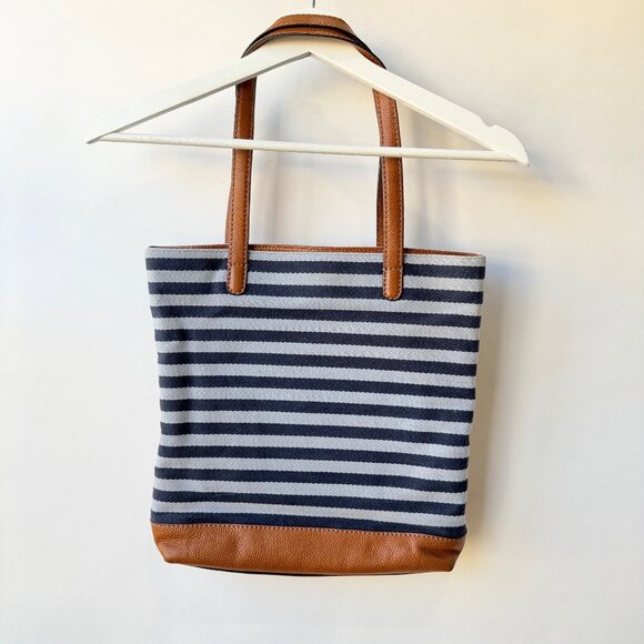 Brighton Coastal Starfish Harbor Tote Anchor Charm Bag – Tan Leather & Navy Stri - Picture 2 of 8